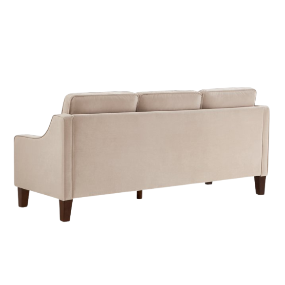 Elegant taupe velvet 3-seater sofa with plush cushions, modern design, and wood frame – perfect for living rooms or formal lounges.
