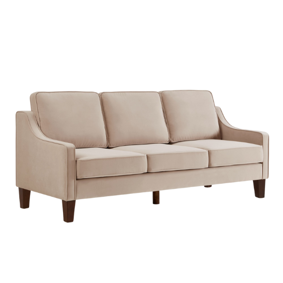 Elegant taupe velvet 3-seater sofa with plush cushions, modern design, and wood frame – perfect for living rooms or formal lounges.