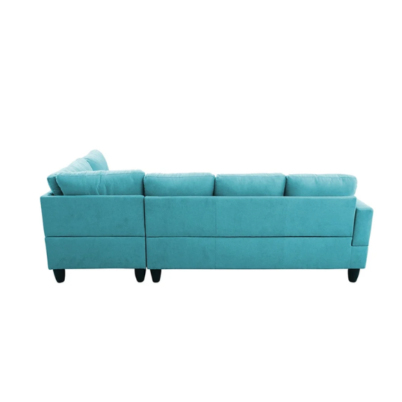 Teal L-shaped sectional sofa with right-facing chaise and ottoman, microfiber upholstery and light gray wooden legs