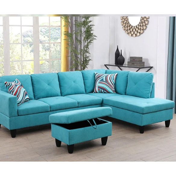 Teal L-shaped sectional sofa with right-facing chaise and ottoman, microfiber upholstery and light gray wooden legs