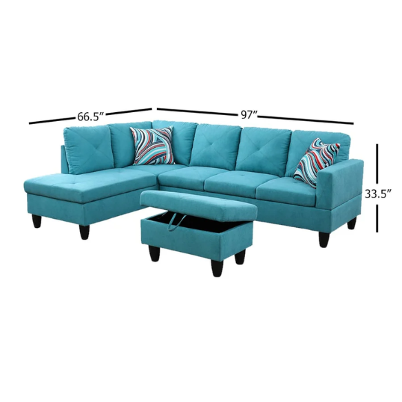 Teal L-shaped sectional sofa with right-facing chaise and ottoman, microfiber upholstery and light gray wooden legs