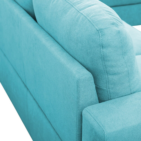 Teal L-shaped sectional sofa with right-facing chaise and ottoman, microfiber upholstery and light gray wooden legs