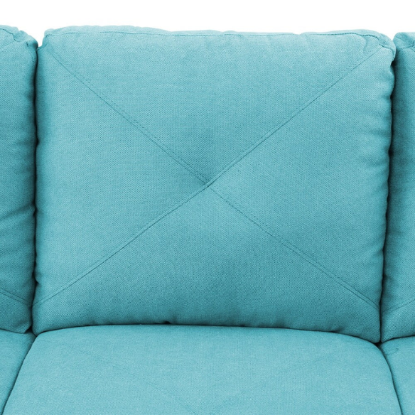 Teal L-shaped sectional sofa with right-facing chaise and ottoman, microfiber upholstery and light gray wooden legs