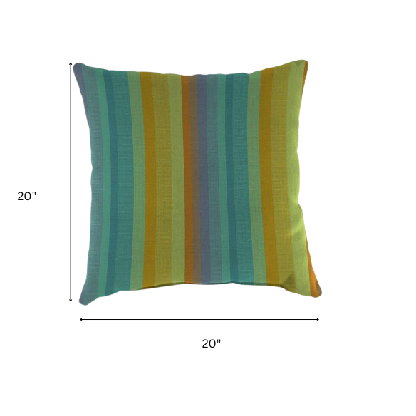 Striped accent pillow in teal, lime green, blue, and orange – reversible, weather-resistant, and overstuffed for indoor and outdoor comfort on patios, porches, or couches.