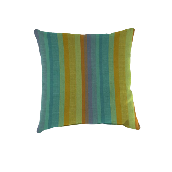 Striped accent pillow in teal, lime green, blue, and orange – reversible, weather-resistant, and overstuffed for indoor and outdoor comfort on patios, porches, or couches.