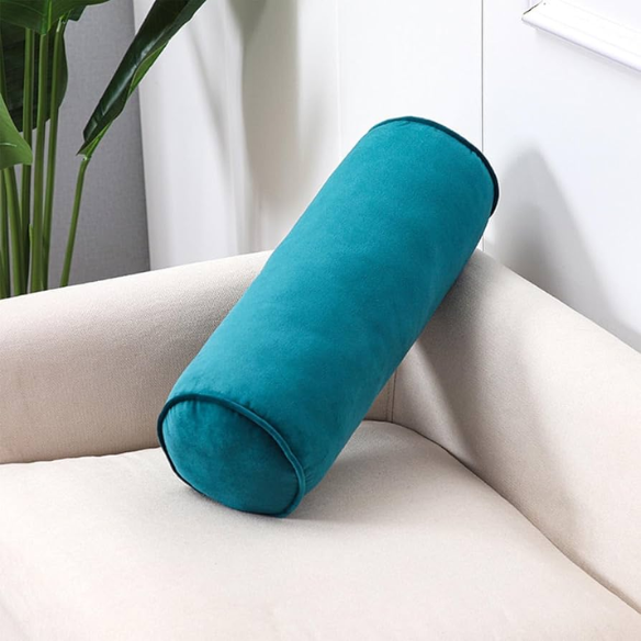 Set of 2 teal bolster throw pillows with soft microsuede covers, corded edges, and removable zippered covers, filled with plush polyester for indoor comfort and style.
