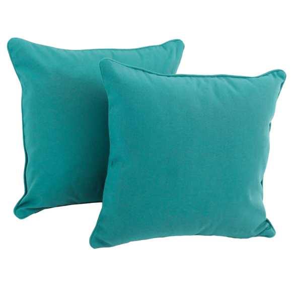 Set of two teal square throw pillows with piped edges and hidden zipper, perfect for modern or transitional home décor
