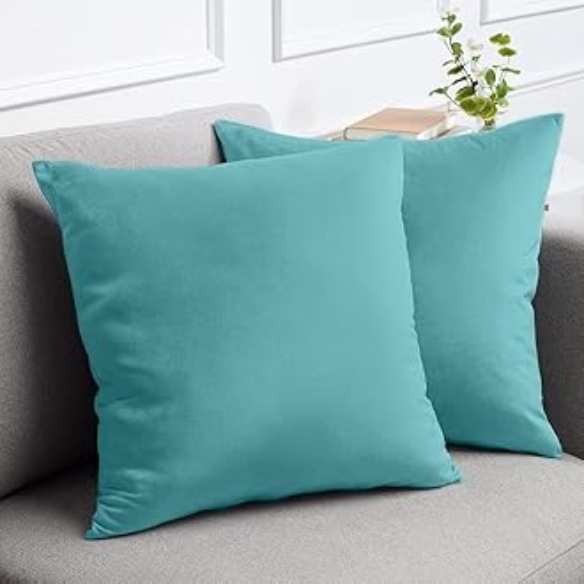 Set of two teal square throw pillows with piped edges and hidden zipper, perfect for modern or transitional home décor