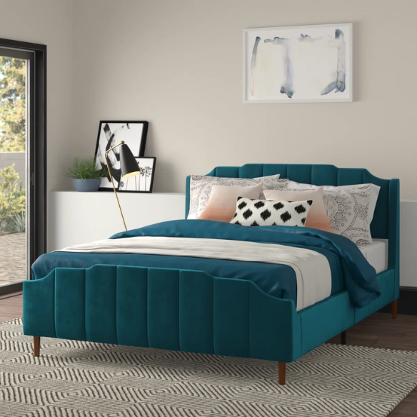 Teal velvet queen platform bed with vertical channel tufted headboard, solid wood frame, and tapered legs – no box spring required