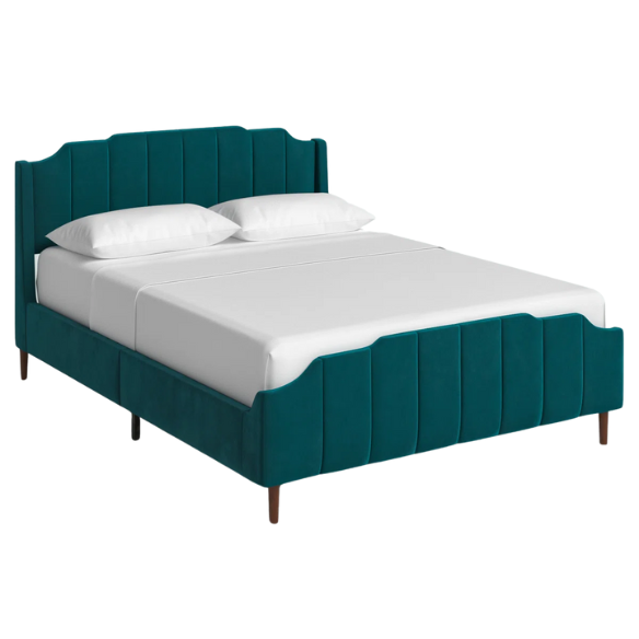 Teal velvet queen platform bed with vertical channel tufted headboard, solid wood frame, and tapered legs – no box spring required