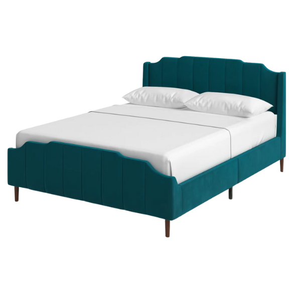 Teal velvet queen platform bed with vertical channel tufted headboard, solid wood frame, and tapered legs – no box spring required