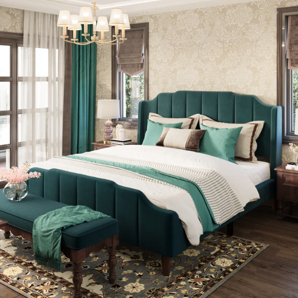 Teal velvet queen platform bed with vertical channel tufted headboard, solid wood frame, and tapered legs – no box spring required