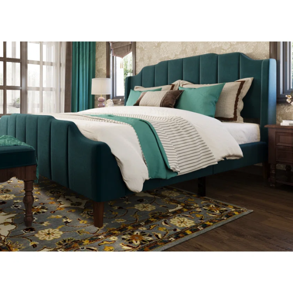 Teal velvet queen platform bed with vertical channel tufted headboard, solid wood frame, and tapered legs – no box spring required