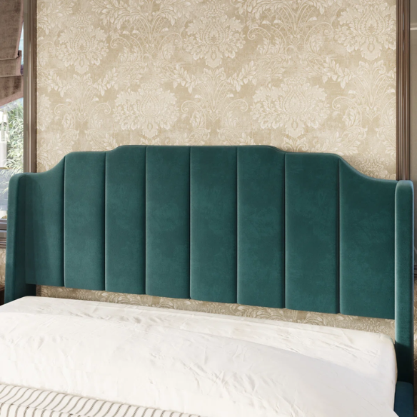 Teal velvet queen platform bed with vertical channel tufted headboard, solid wood frame, and tapered legs – no box spring required