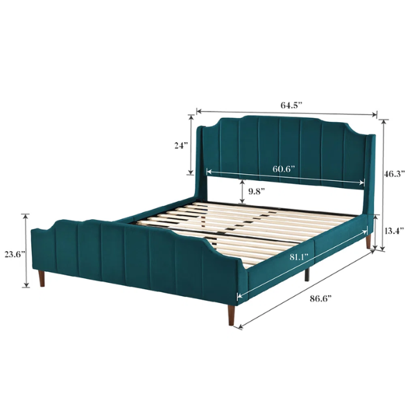 Teal velvet queen platform bed with vertical channel tufted headboard, solid wood frame, and tapered legs – no box spring required