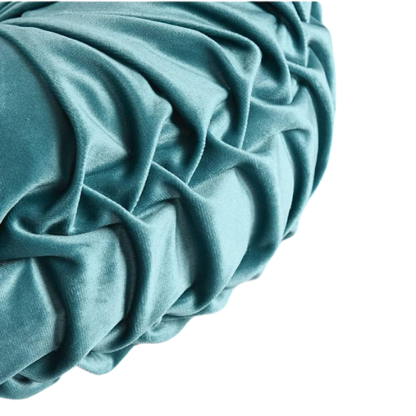Set of 2 teal pleated velvet round throw pillows with button tufted center – 14.5 inch pumpkin-style decorative cushions for sofa, bed, or cozy nook