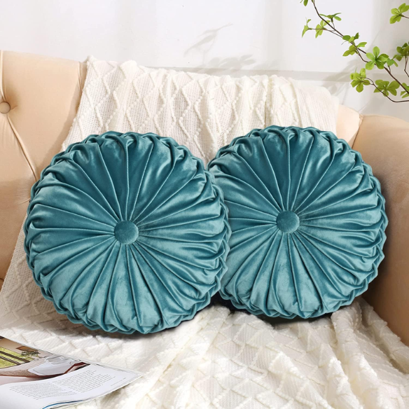 Set of 2 teal pleated velvet round throw pillows with button tufted center – 14.5 inch pumpkin-style decorative cushions for sofa, bed, or cozy nook