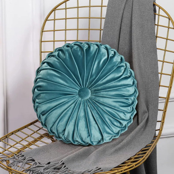 Set of 2 teal pleated velvet round throw pillows with button tufted center – 14.5 inch pumpkin-style decorative cushions for sofa, bed, or cozy nook