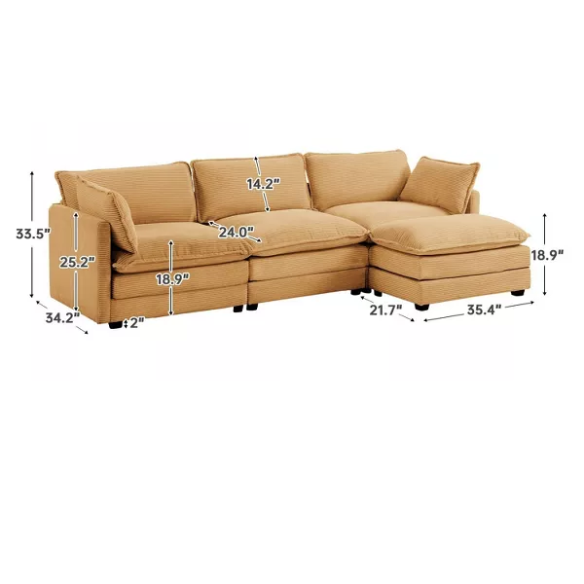 Three-Seater Tan Corduroy Modular Sectional Sofa with Ottoman – Plush high-pile fleece upholstery, movable ottoman for versatile configurations, and thick high-elastic sponge cushions for durable comfort in a modern minimalist design.