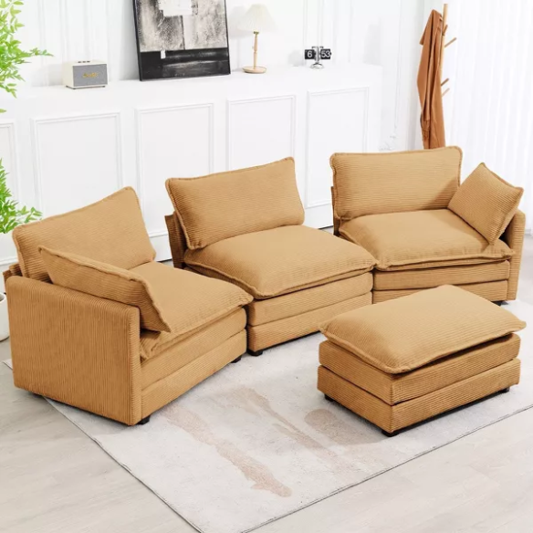Three-Seater Tan Corduroy Modular Sectional Sofa with Ottoman – Plush high-pile fleece upholstery, movable ottoman for versatile configurations, and thick high-elastic sponge cushions for durable comfort in a modern minimalist design.