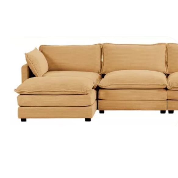Three-Seater Tan Corduroy Modular Sectional Sofa with Ottoman – Plush high-pile fleece upholstery, movable ottoman for versatile configurations, and thick high-elastic sponge cushions for durable comfort in a modern minimalist design.