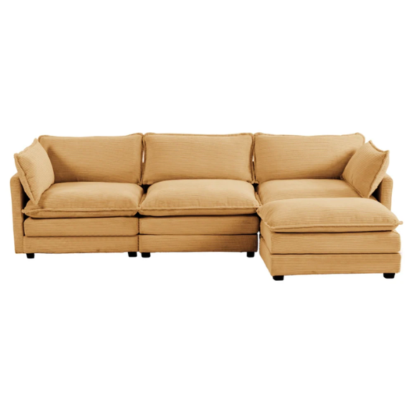 Three-Seater Tan Corduroy Modular Sectional Sofa with Ottoman – Plush high-pile fleece upholstery, movable ottoman for versatile configurations, and thick high-elastic sponge cushions for durable comfort in a modern minimalist design.