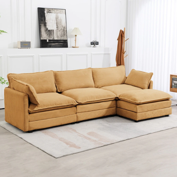 Three-Seater Tan Corduroy Modular Sectional Sofa with Ottoman – Plush high-pile fleece upholstery, movable ottoman for versatile configurations, and thick high-elastic sponge cushions for durable comfort in a modern minimalist design.
