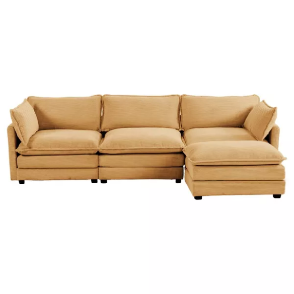 Three-Seater Tan Corduroy Modular Sectional Sofa with Ottoman – Plush high-pile fleece upholstery, movable ottoman for versatile configurations, and thick high-elastic sponge cushions for durable comfort in a modern minimalist design.
