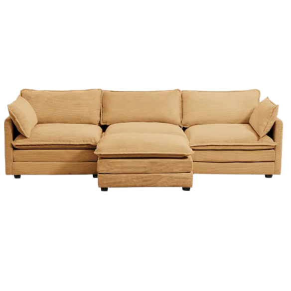 Three-Seater Tan Corduroy Modular Sectional Sofa with Ottoman – Plush high-pile fleece upholstery, movable ottoman for versatile configurations, and thick high-elastic sponge cushions for durable comfort in a modern minimalist design.