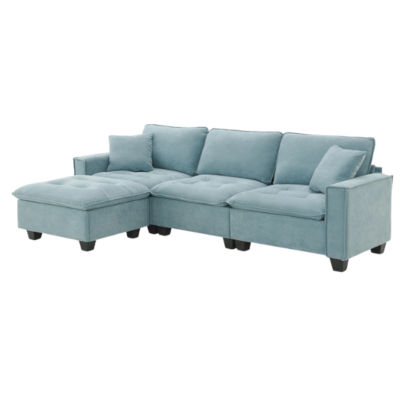 Tranquil sea blue suede L-shaped sectional sofa with tufted seat cushions, reversible chaise, removable ottoman, and two matching throw pillows