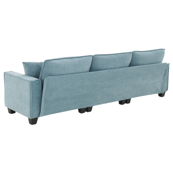 Tranquil sea blue suede L-shaped sectional sofa with tufted seat cushions, reversible chaise, removable ottoman, and two matching throw pillows