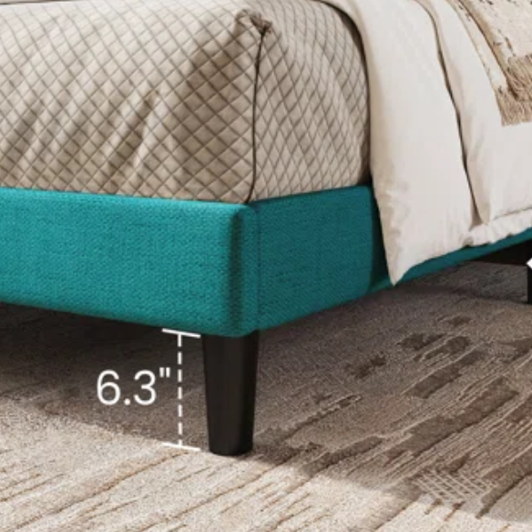 Turquoise linen upholstered queen platform bed with wingback headboard, tapered black legs, and slatted base – no box spring required