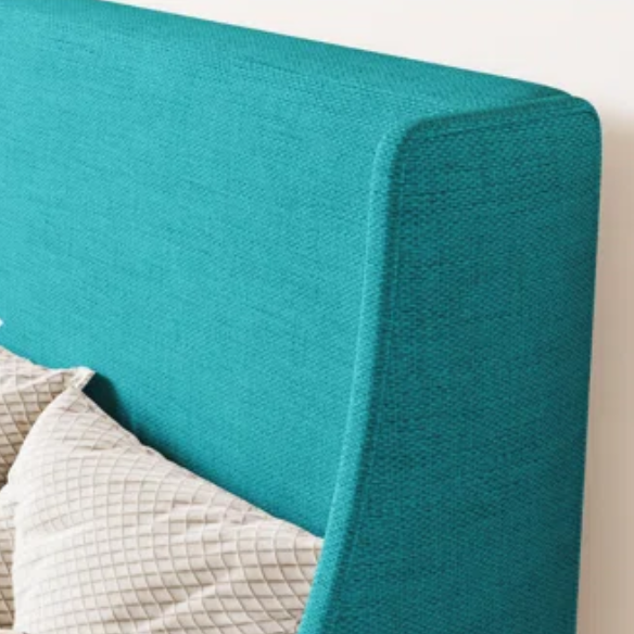 Turquoise linen upholstered queen platform bed with wingback headboard, tapered black legs, and slatted base – no box spring required