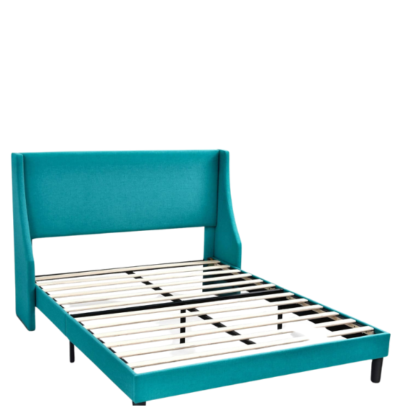 Turquoise linen upholstered queen platform bed with wingback headboard, tapered black legs, and slatted base – no box spring required