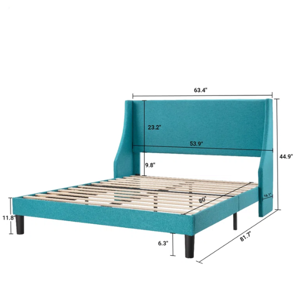 Turquoise linen upholstered queen platform bed with wingback headboard, tapered black legs, and slatted base – no box spring required
