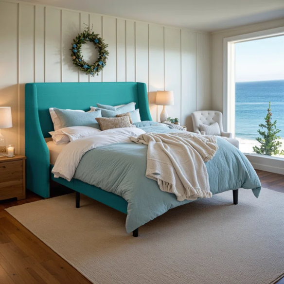 Turquoise linen upholstered queen platform bed with wingback headboard, tapered black legs, and slatted base – no box spring required