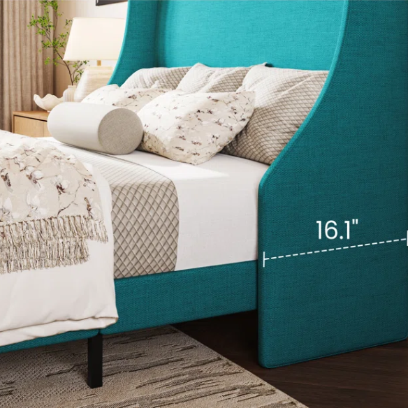 Turquoise linen upholstered queen platform bed with wingback headboard, tapered black legs, and slatted base – no box spring required