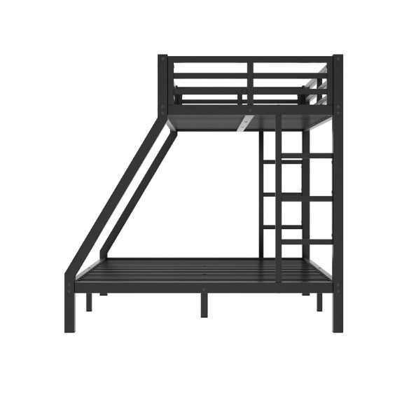 Twin over Full metal bunk bed with removable ladder and underbed storage in black, sturdy and modern design.