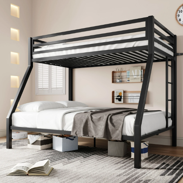 Twin over Full metal bunk bed with removable ladder and underbed storage in black, sturdy and modern design.