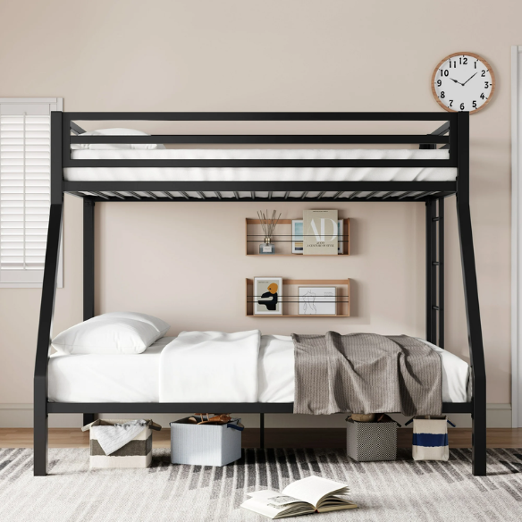 Twin over Full metal bunk bed with removable ladder and underbed storage in black, sturdy and modern design.