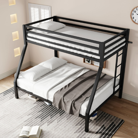Twin over Full metal bunk bed with removable ladder and underbed storage in black, sturdy and modern design.