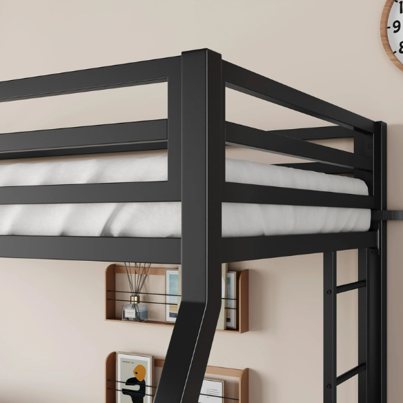 Twin over Full metal bunk bed with removable ladder and underbed storage in black, sturdy and modern design.