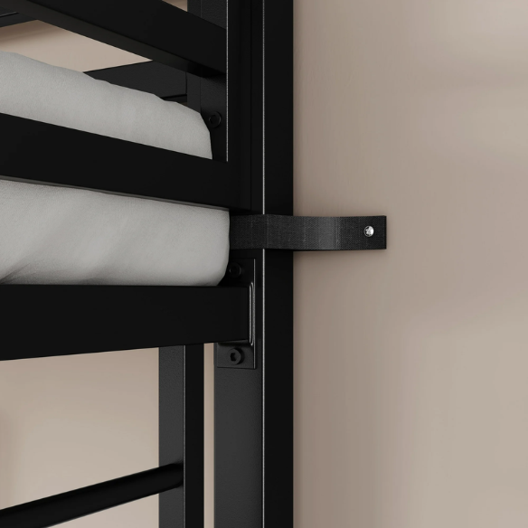 Twin over Full metal bunk bed with removable ladder and underbed storage in black, sturdy and modern design.