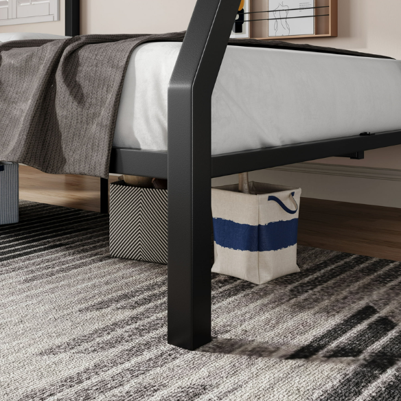 Twin over Full metal bunk bed with removable ladder and underbed storage in black, sturdy and modern design.