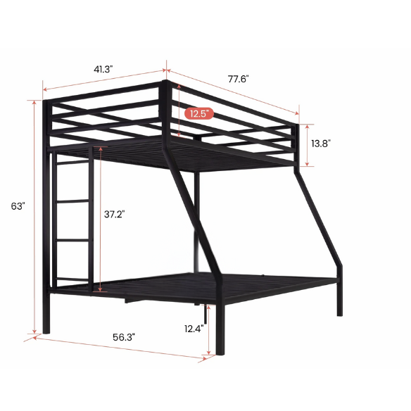 Twin over Full metal bunk bed with removable ladder and underbed storage in black, sturdy and modern design.