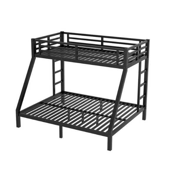 Twin over Full metal bunk bed with removable ladder and underbed storage in black, sturdy and modern design.