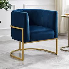 Navy velvet accent chair with a sleek gold arc base, offering stylish comfort and versatility for any space. The chair features a plush velvet seat, sturdy iron frame, and modern arc-shaped design, perfect for living rooms, bedrooms, offices, and more.