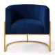Navy velvet accent chair with a sleek gold arc base, offering stylish comfort and versatility for any space. The chair features a plush velvet seat, sturdy iron frame, and modern arc-shaped design, perfect for living rooms, bedrooms, offices, and more.