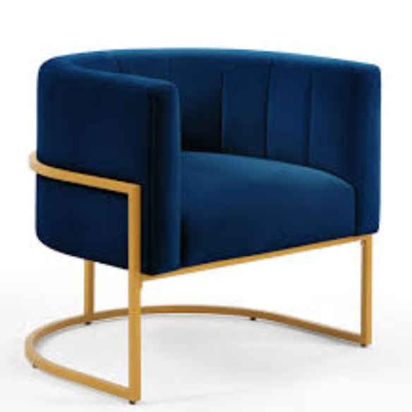 Navy velvet accent chair with a sleek gold arc base, offering stylish comfort and versatility for any space. The chair features a plush velvet seat, sturdy iron frame, and modern arc-shaped design, perfect for living rooms, bedrooms, offices, and more.