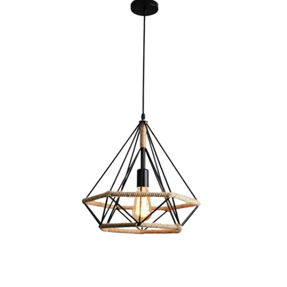 Vintage industrial pendant light with black metal wire shade and manila rope design, E27 socket.